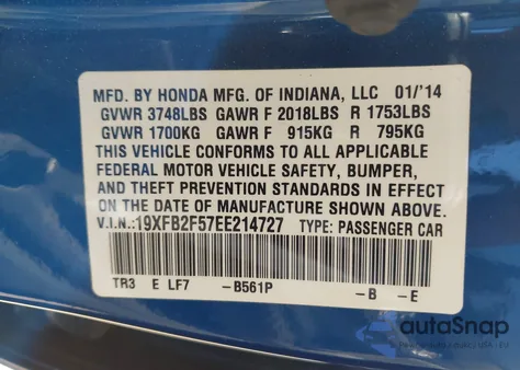 2014 Honda Civic Lx из США, поврежденный, VIN 19XFB2F57EE214727